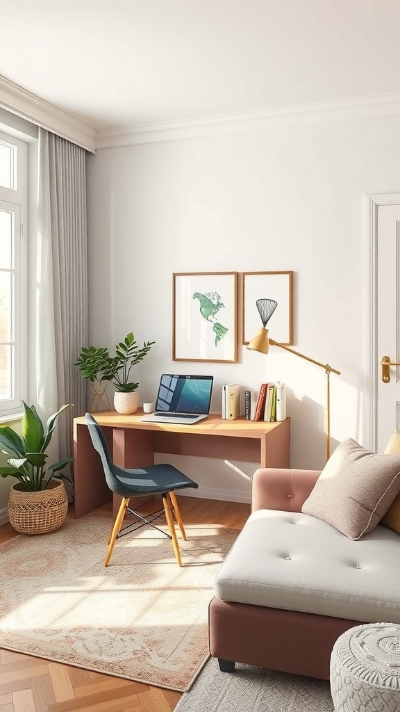 A small office featuring a desk, chair, couch, and plants, showcasing multi-purpose furniture.