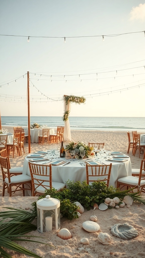 A beautifully decorated beach wedding setup with tables, greenery, seashells, and string lights.