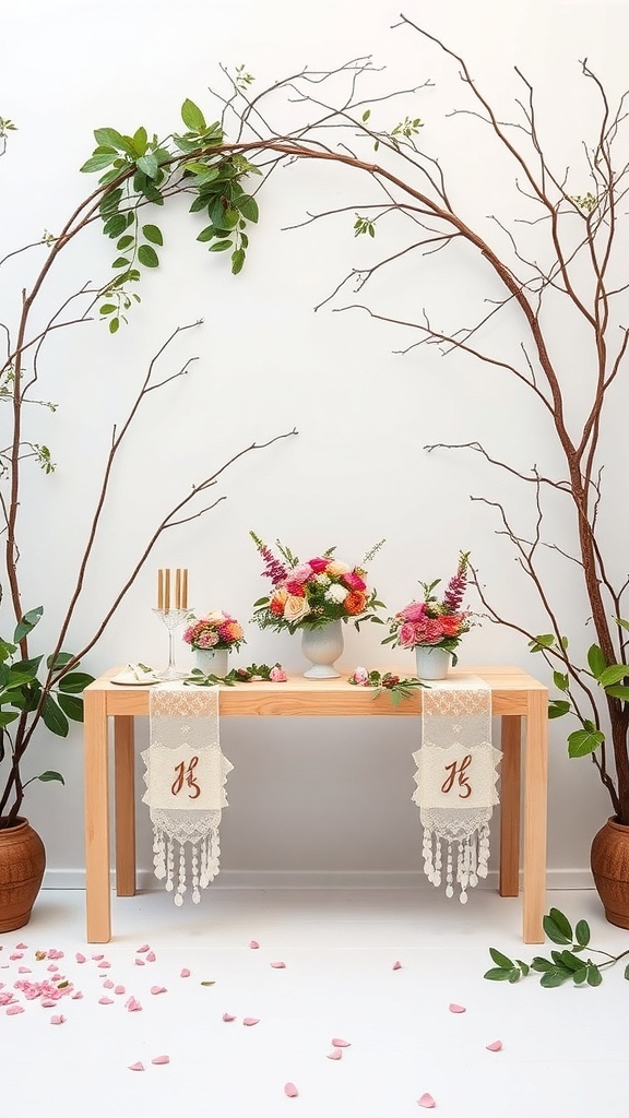 A bridal shower decoration featuring a wooden table set with flowers and a nature-inspired arch