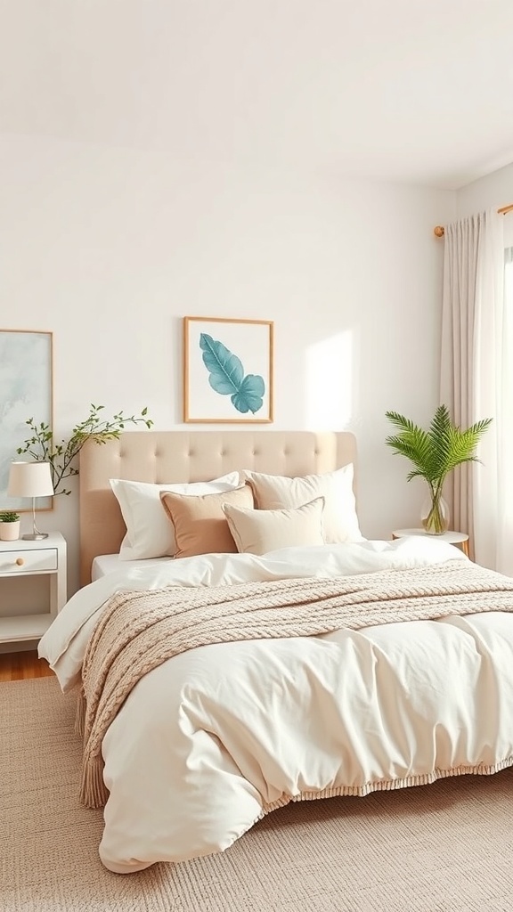 A neutral bedroom featuring a cozy bed with beige and cream bedding, layered pillows, and a knitted throw blanket, complemented by plants and artwork.