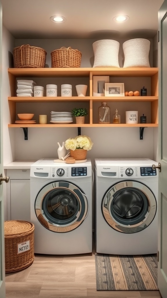 A mud room laundry room combo featuring open shelving with baskets and decorative items above two washing machines.