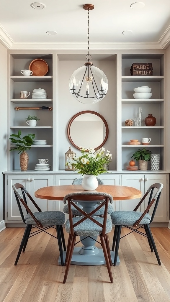 A small dining room featuring open shelving with dishes and plants, a round wooden table, and stylish chairs.