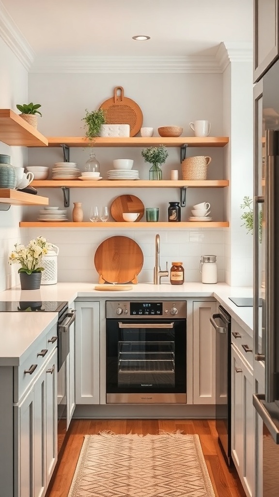 Bright galley kitchen with open wood shelving filled with dishes and decorative items.