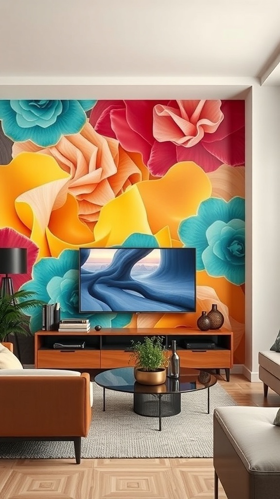 A living room with a vibrant floral feature wall and a TV unit.