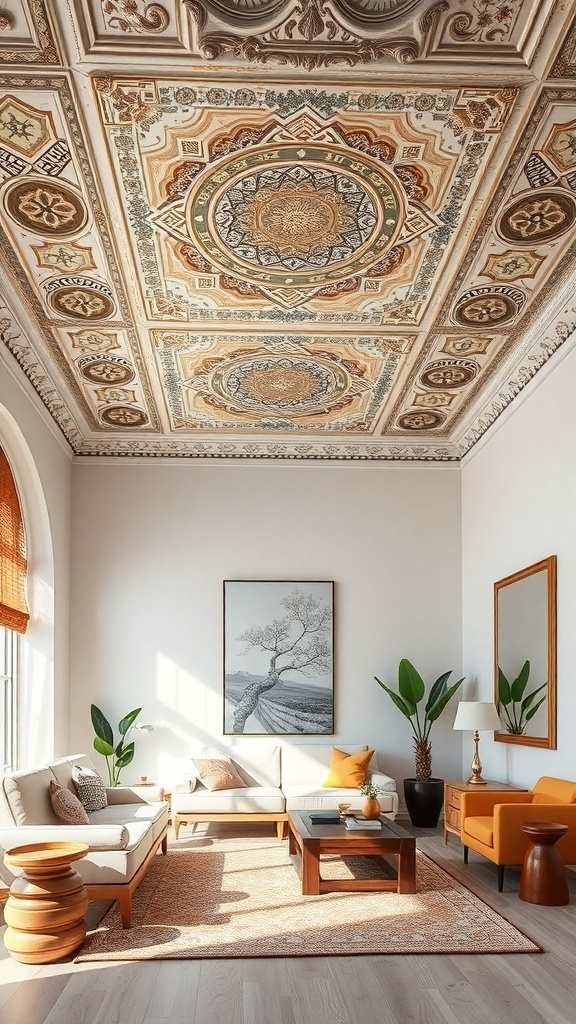 Intricate patterned ceiling in a stylish living space