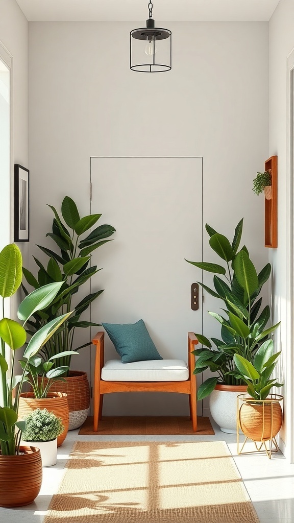 A bright entryway with tall green plants in pots, a cozy chair, and a pendant light.
