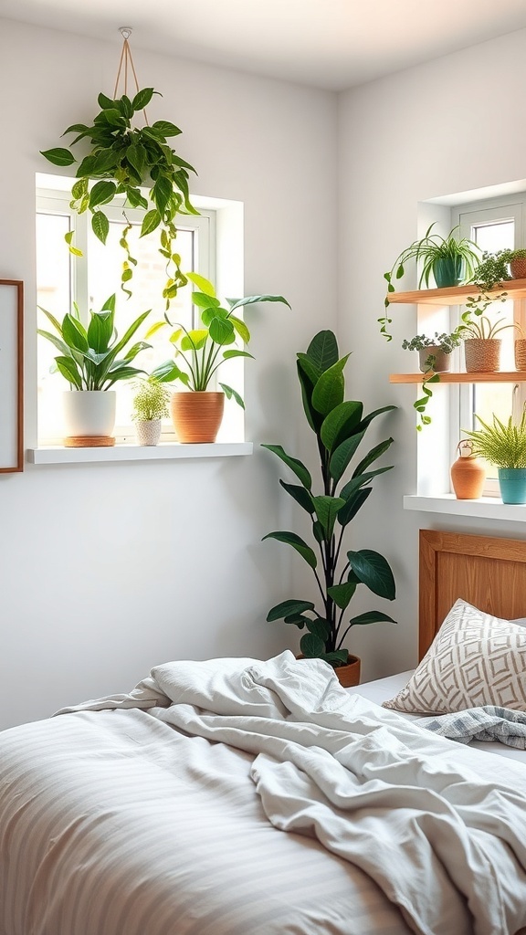 A cozy bedroom with various indoor plants on shelves and a window, creating a fresh and inviting atmosphere.