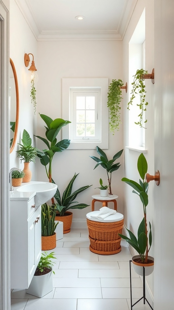 A stylish narrow bathroom featuring various plants in decorative pots