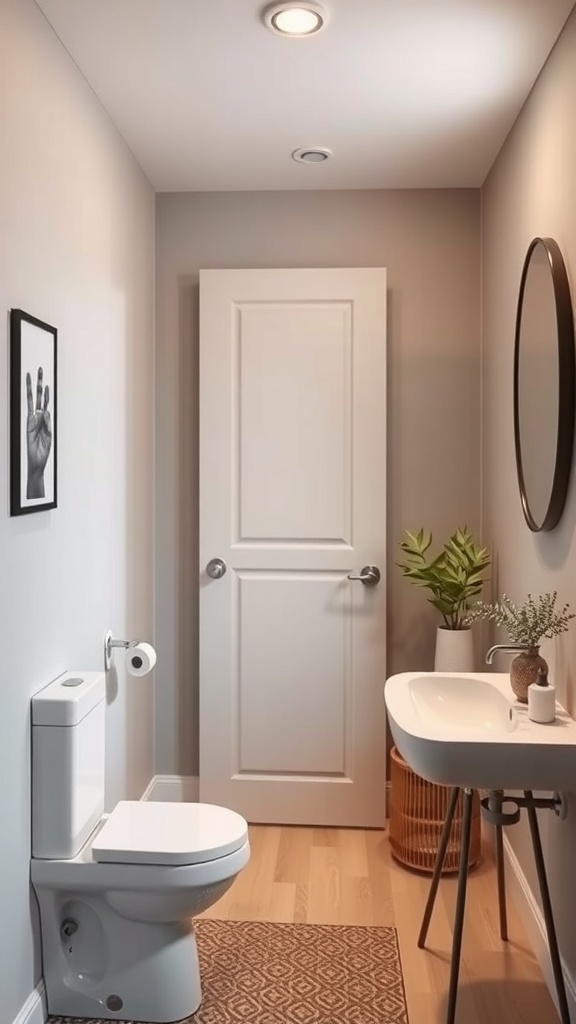 A small bathroom featuring a pocket door, toilet, sink, and decorative elements.