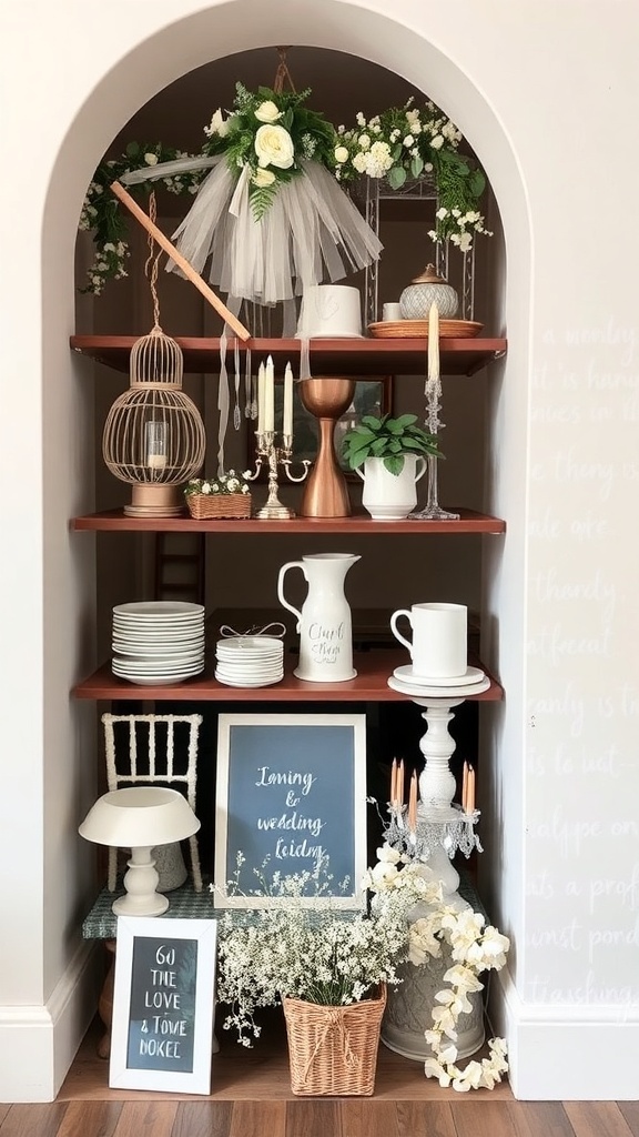 Shelves decorated with various reusable wedding decor items including vases, candles, and signage.