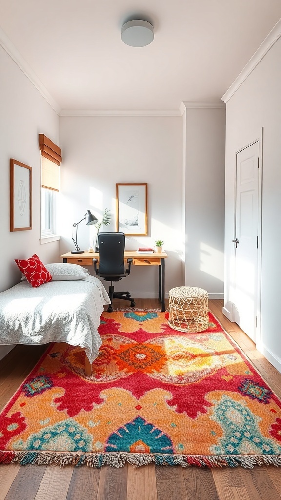 A small bedroom featuring a colorful rug that defines the sleeping and workspace areas.
