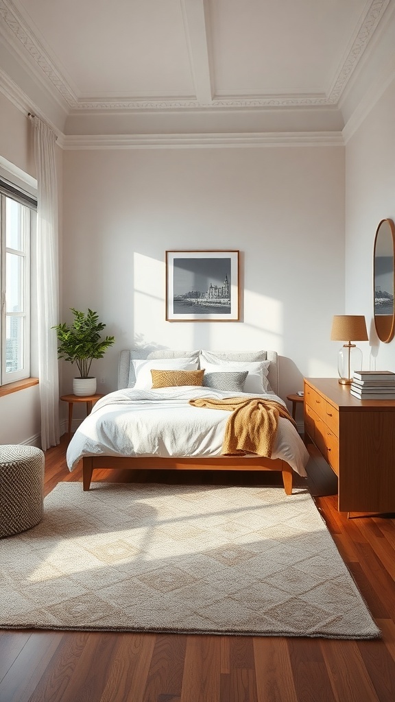 A cozy bedroom featuring a bed, wooden furniture, and a large rug that defines the sleeping area.