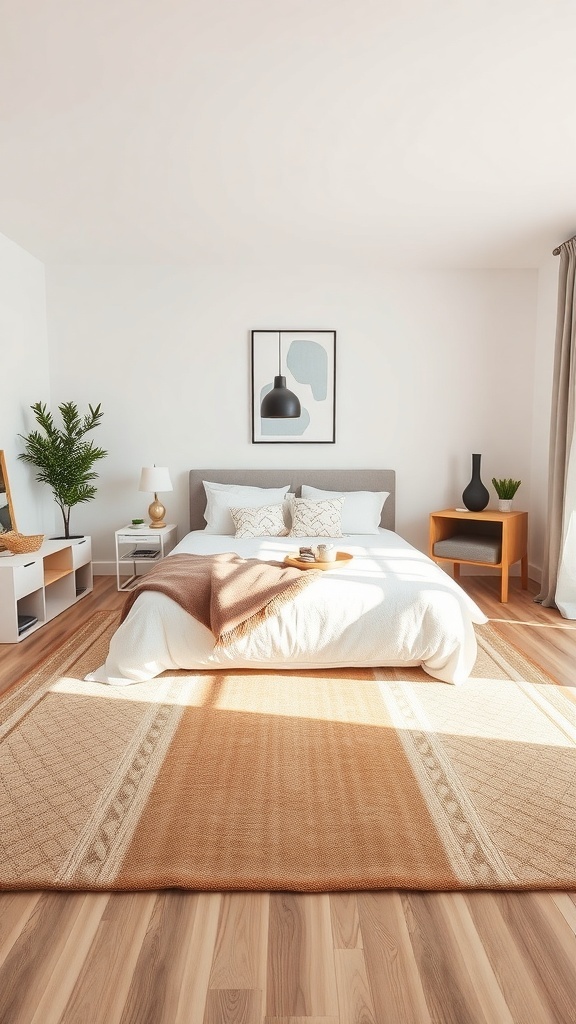 A cozy single bedroom with a large rug under the bed, creating a defined space.