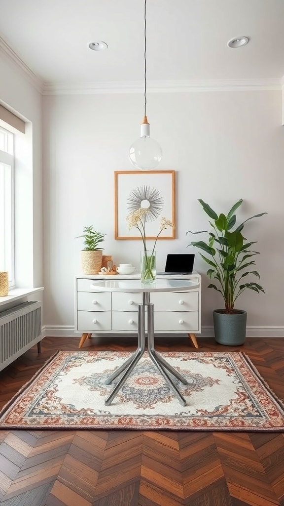 A small dining table on a patterned rug in a bright room with plants and a light fixture.
