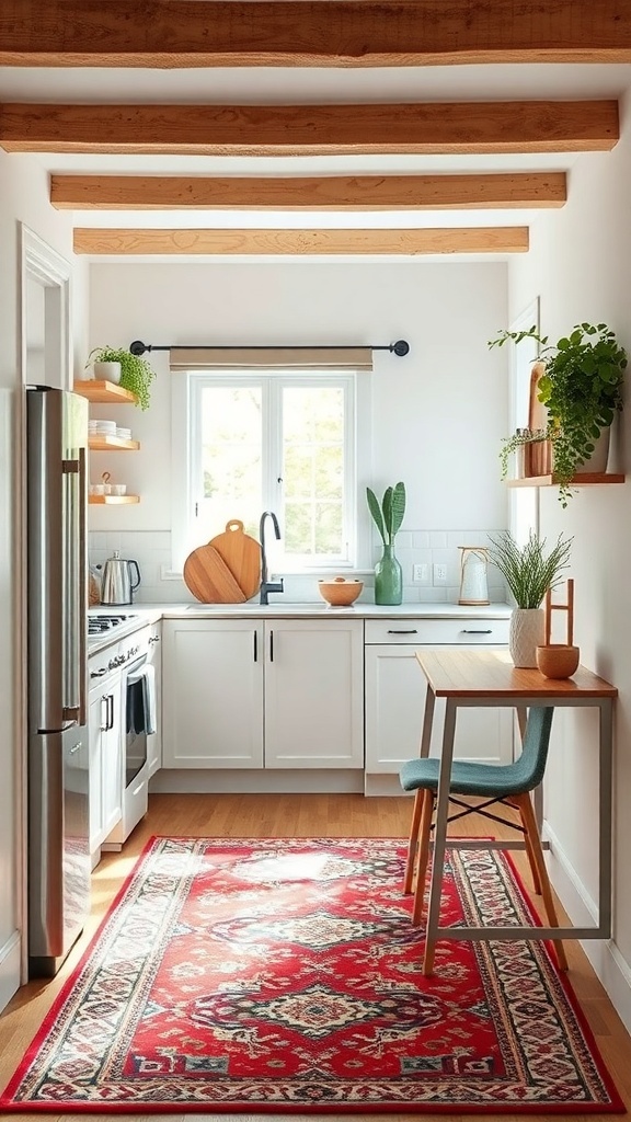 A small kitchen with a vibrant red rug, a wooden table, and plants, showcasing how rugs can define spaces.