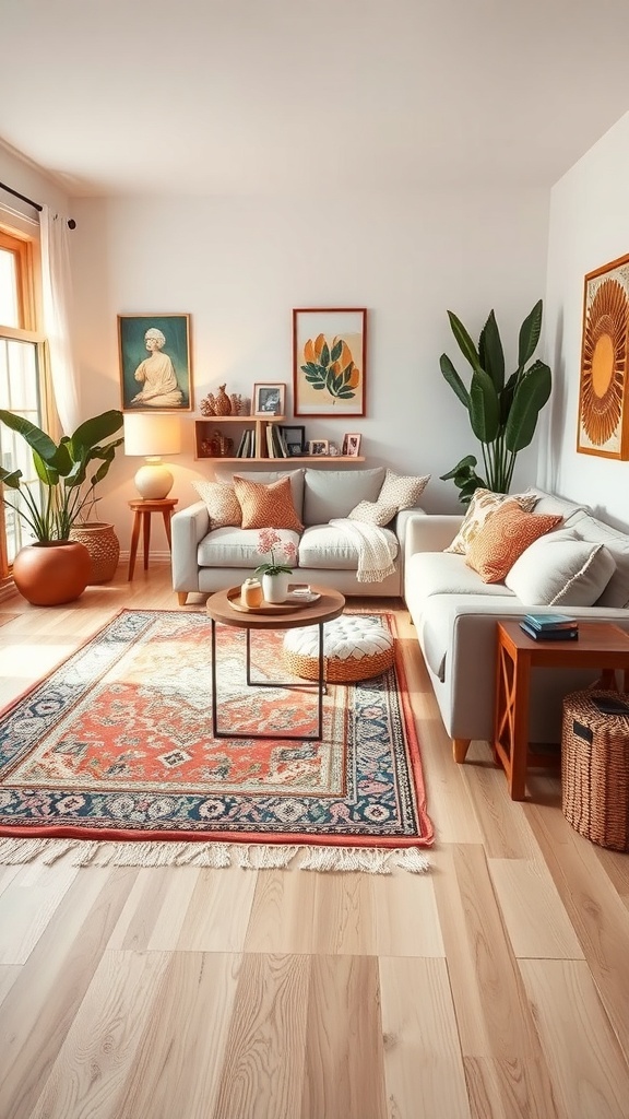 A cozy boho living room featuring a colorful rug, plants, and comfortable seating.