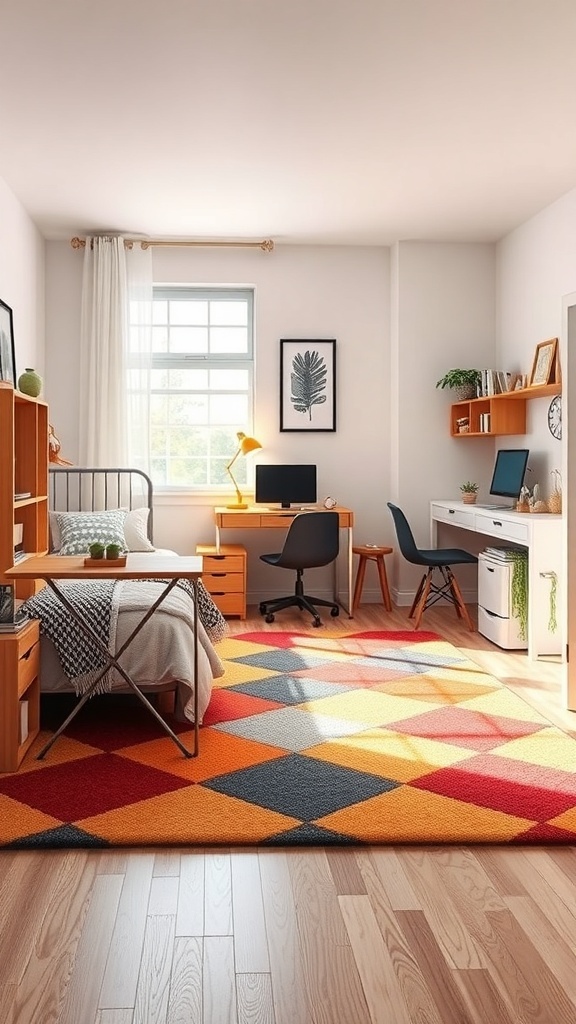 A cozy dorm room featuring a colorful diamond-patterned rug, a bed, desk, and wooden flooring.