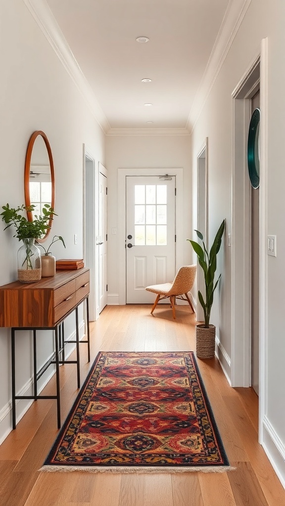 A narrow hallway featuring a colorful rug, a small table, a chair, and plants.