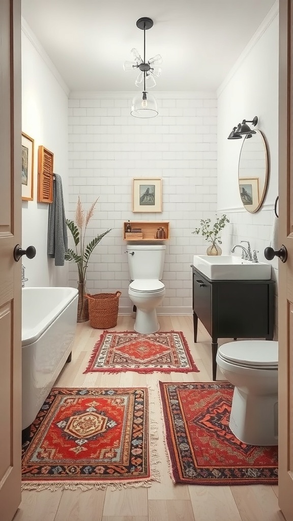 A narrow bathroom featuring colorful rugs that define different spaces, with a bathtub, toilet, and sink.