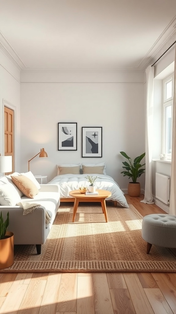 A cozy small bedroom with a rug defining the seating area, featuring a bed, sofa, and coffee table.