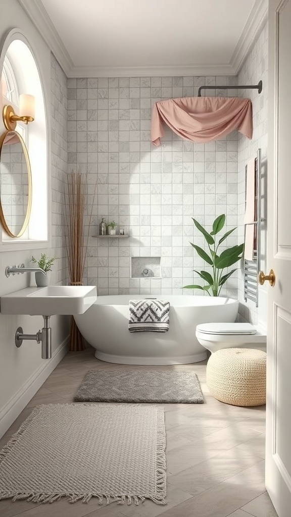 A stylish small bathroom featuring various rugs that define spaces.