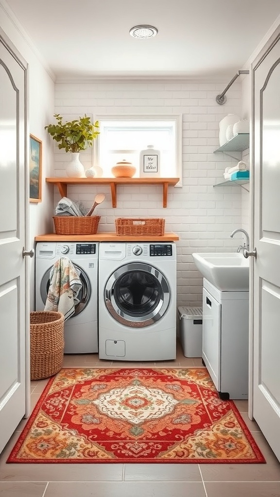 A small laundry room featuring modern appliances, a vibrant rug, and organized shelves.