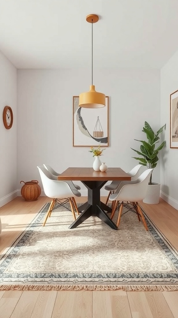 A small dining room featuring a wooden table, modern chairs, and a patterned rug.