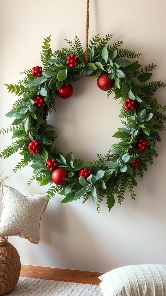 A decorative wreath made with seasonal foliage, red ornaments, and berries, hanging on a wall.