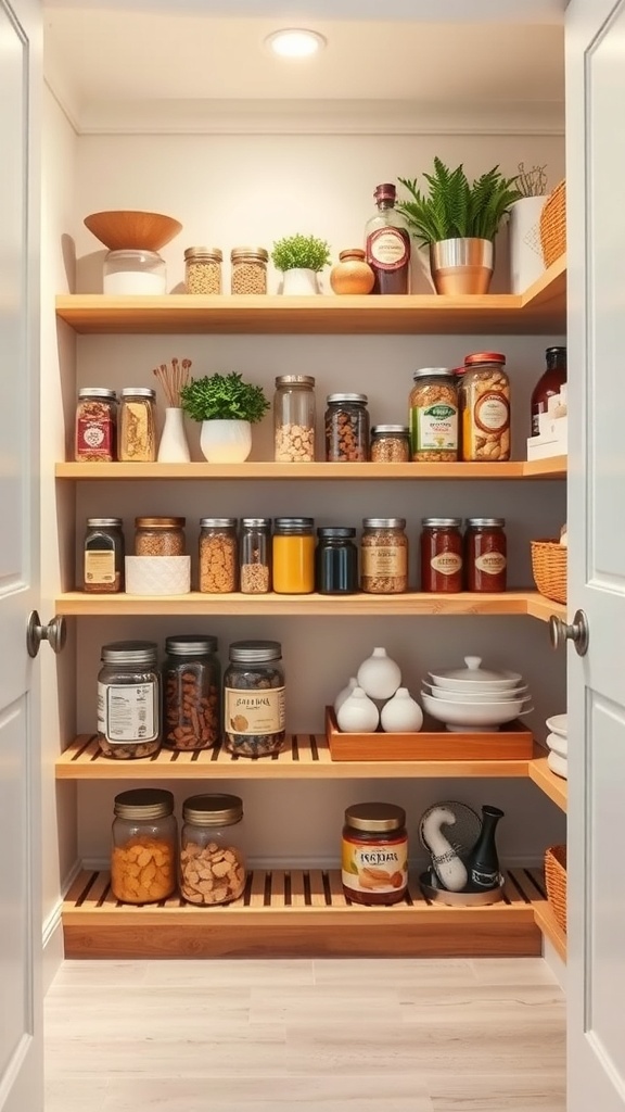 Organized pantry with shelf risers showcasing jars and containers on wooden shelves.