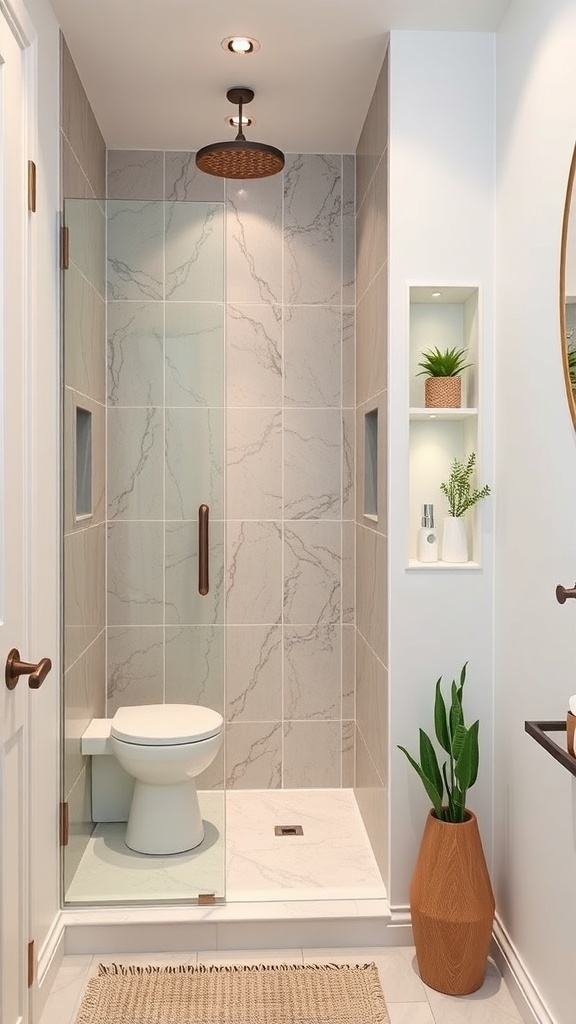 Small bathroom with a modern shower featuring stylish nooks for storage.