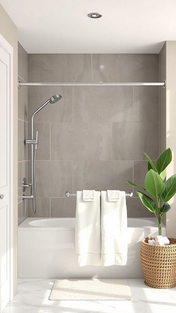 Modern bathroom with a shower rod holding white towels