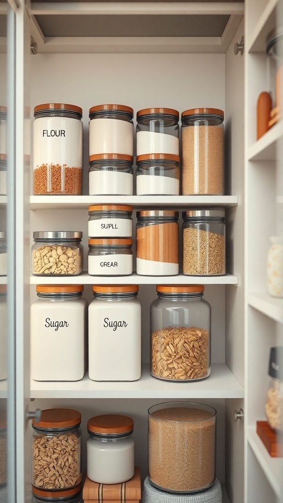 Organized pantry with stackable canisters for dry goods.