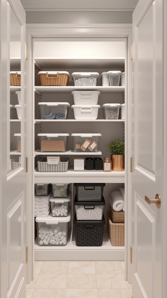 Organized bathroom closet with stackable containers showcasing efficient storage solutions