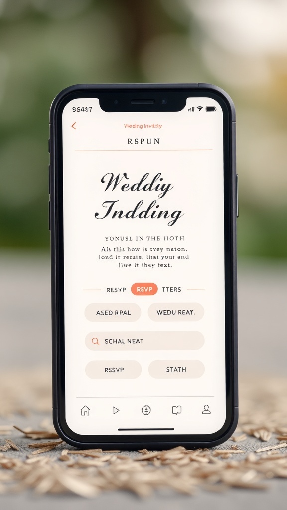 A smartphone displaying a wedding invitation app with RSVP options