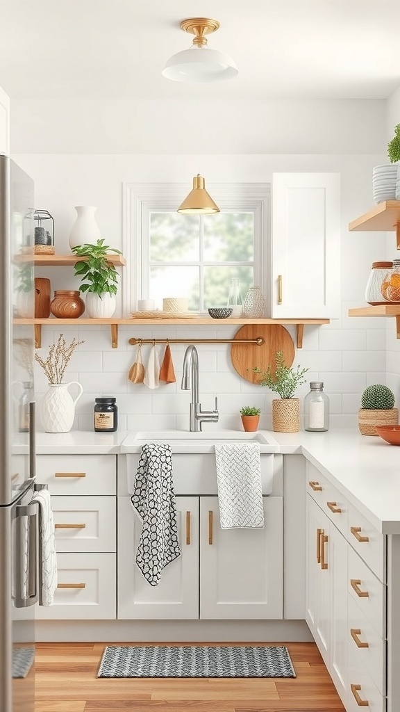 A small modern kitchen with open shelves and a clean design, showcasing the potential for using tension rods for extra storage.