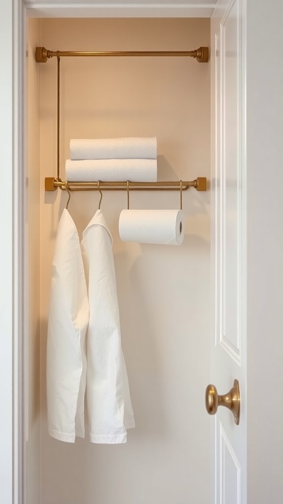 A narrow pantry with a tension rod holding paper towels and kitchen towels.