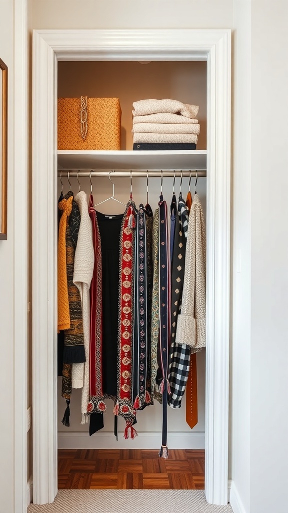 A small closet with a tension rod holding colorful scarves and belts, along with neatly folded clothes and a storage box.