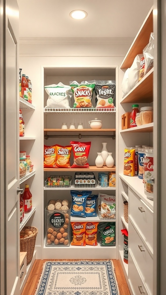 Organized pantry with snacks displayed on shelves using tension rods.