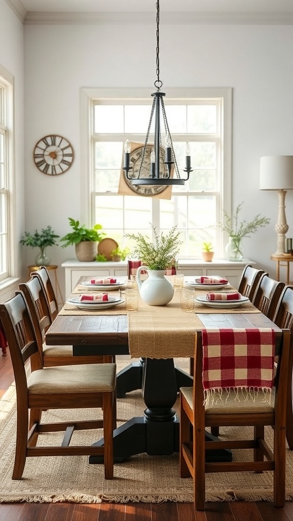 A rustic dining table set with a burlap runner, checkered napkins, and surrounded by plants.