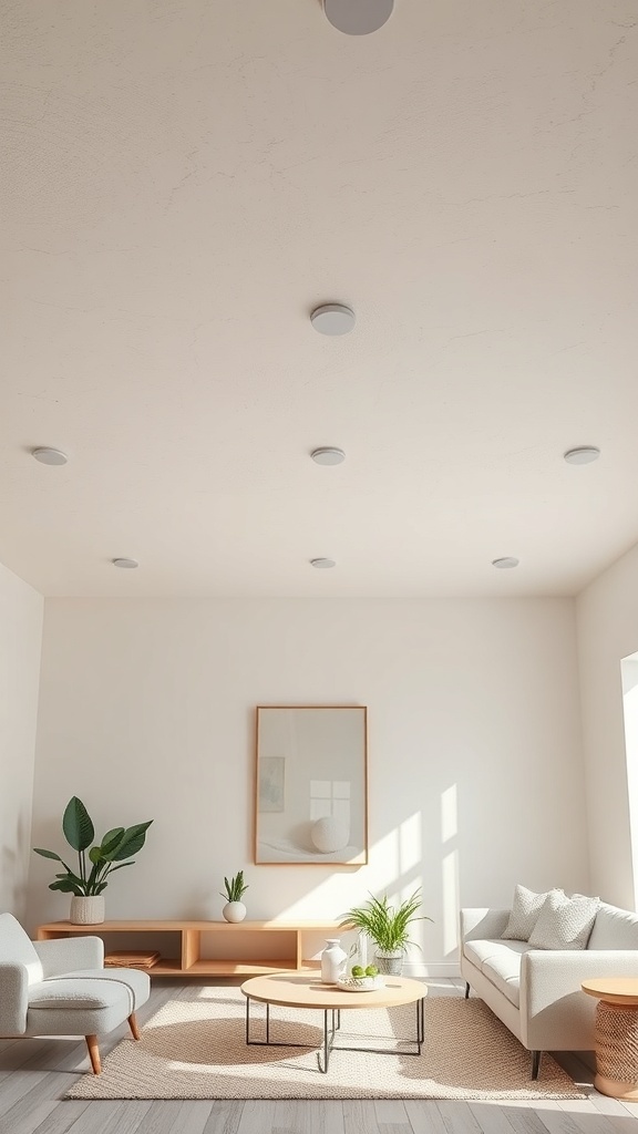 A modern living room with a textured ceiling and minimalistic decor