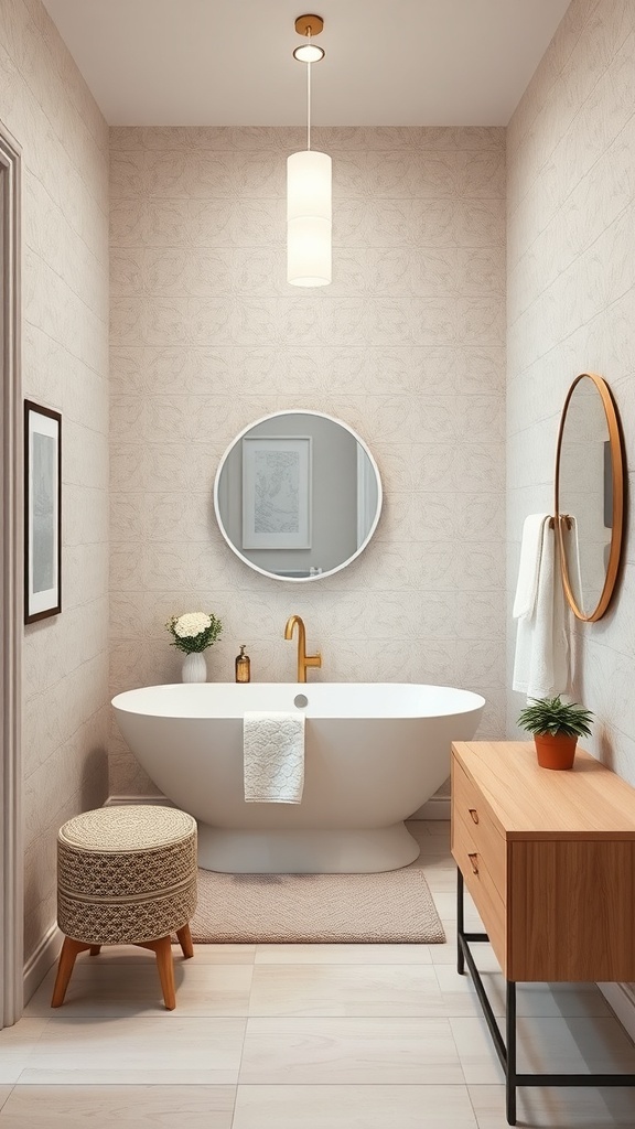 A small master bathroom featuring textured walls, a modern bathtub, and stylish decor.