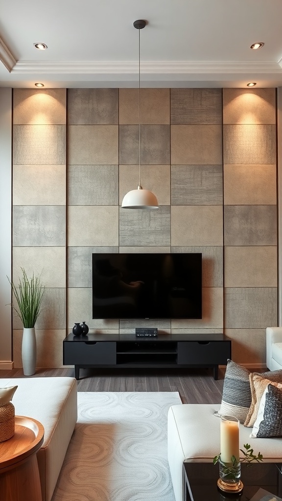 A modern living room featuring a textured TV feature wall with recessed lighting, a black TV, and stylish furniture.