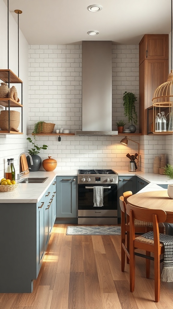 A modern apartment kitchen featuring blue cabinets, wooden accents, and a cozy dining area.