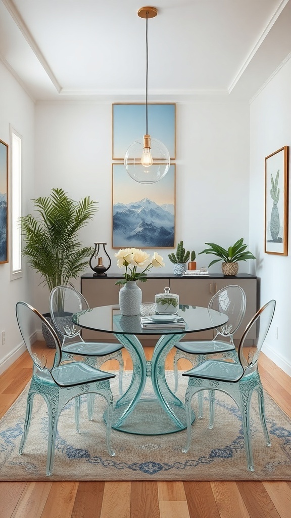 A small dining room featuring a round glass table with transparent chairs, surrounded by plants and artwork.