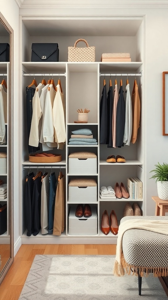 A neatly organized wardrobe with vertical dividers for pants, showcasing a clean and tidy arrangement.