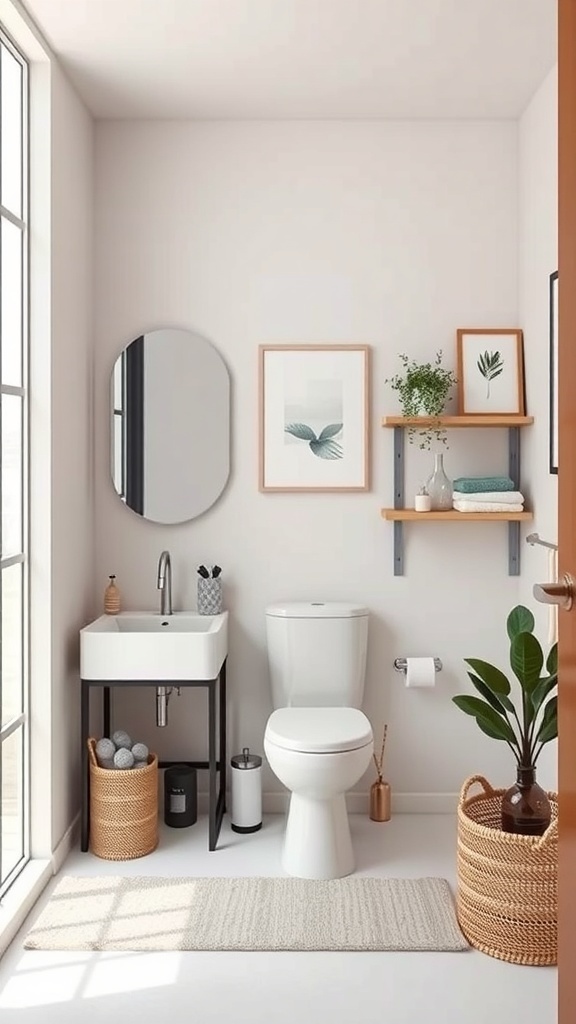 A minimalist small bathroom featuring a mounted shelf with towels and a plant, a sink, and a toilet.