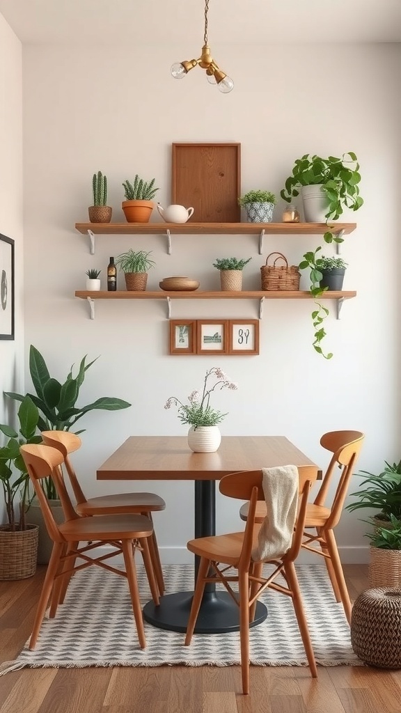 A small dining room with wooden shelves filled with plants and decor, featuring a wooden table and chairs.