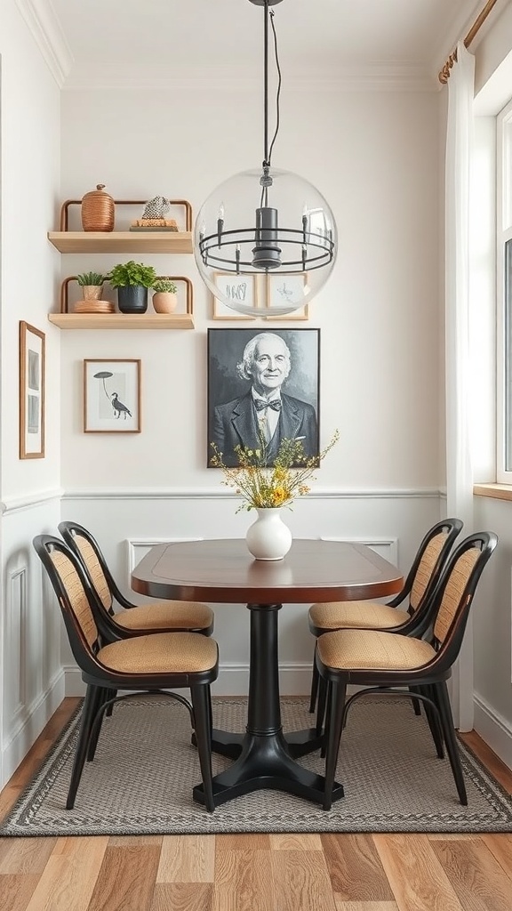 A small dining room featuring a round table, four chairs, wall shelves with plants, and a light fixture.