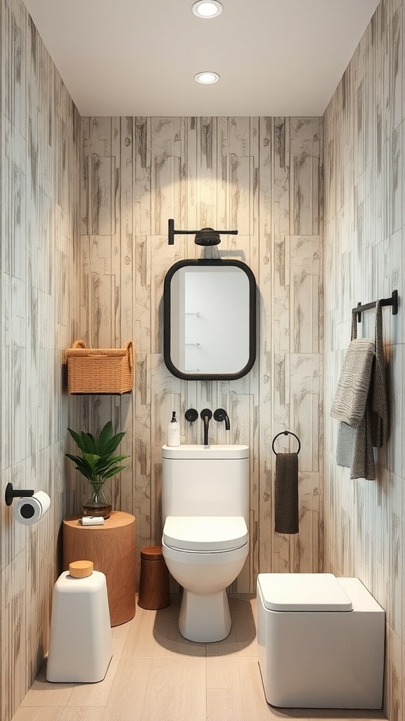 A narrow bathroom featuring vertical wood-patterned tiles, modern fixtures, and natural decor elements.