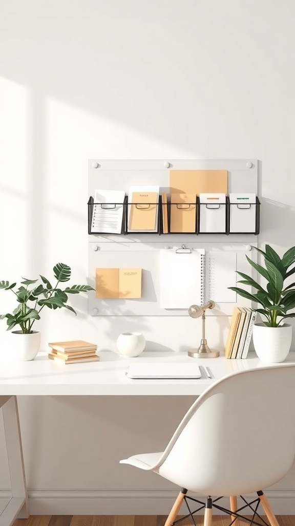 A clean and organized desk with wall-mounted paper organizers and plants.